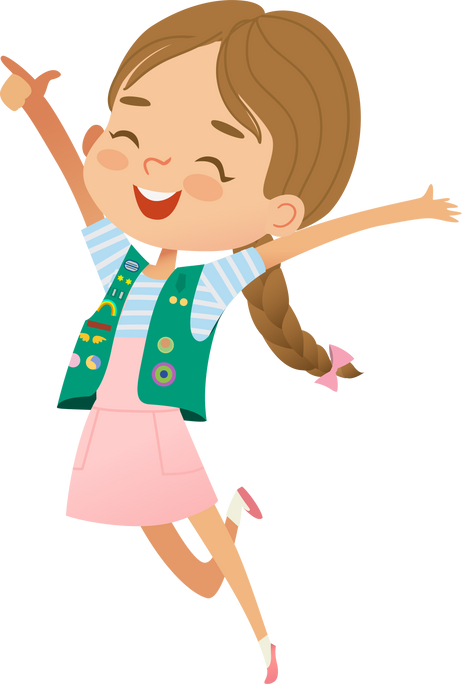 Scout Girl in a Vest Happily Jumping. Junior Scout Girl Illustration